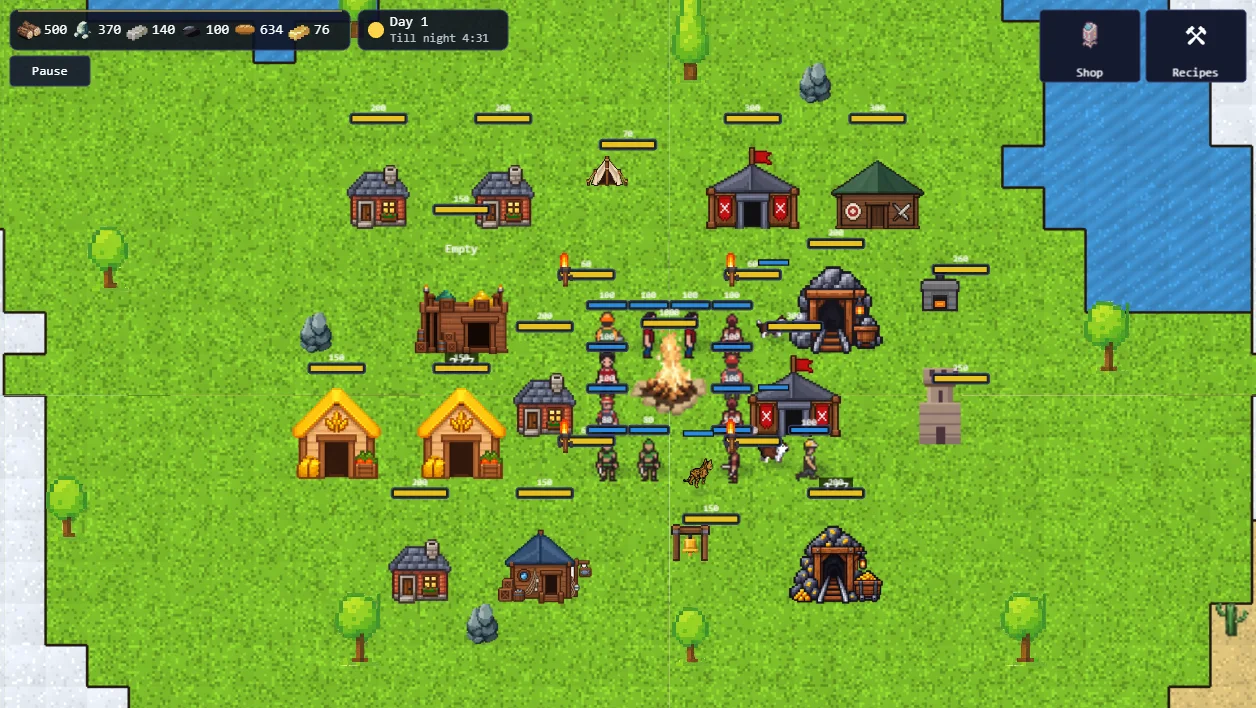 A camp in daylight: houses, two farms, a mine, a smelter and a watchtower around a campfire, with villagers and warriors standing between them.